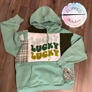 Flipped Stitches - Upcycled Lucky Lucky Lucky - color blocked Hoodie